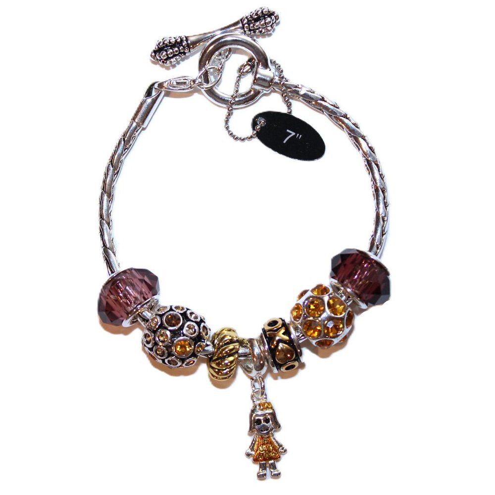 DaVinci Charm Bracelet 7" w/ 7 Beads - Girl Daughter Girlfriend Golden Yellow CZ